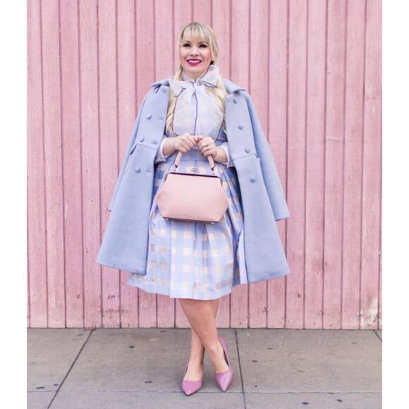 Eliza J Blue & Tan Checked Pleated Windowpane Midi Skirt Semiformal Sz 6 - Picture 3 of 11